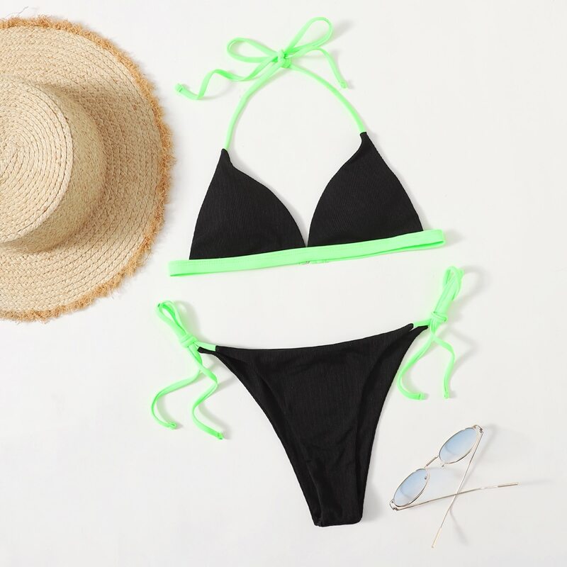 

Contrast Binding Tie Side Bikini Swimsuit, Black
