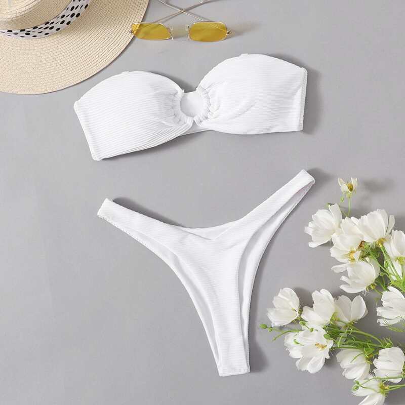 

Ring Decor High Leg Bikini Swimsuit, White