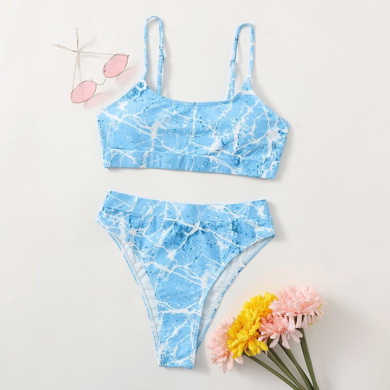 

Marble High Waist Bikini Swimsuit, Mint blue