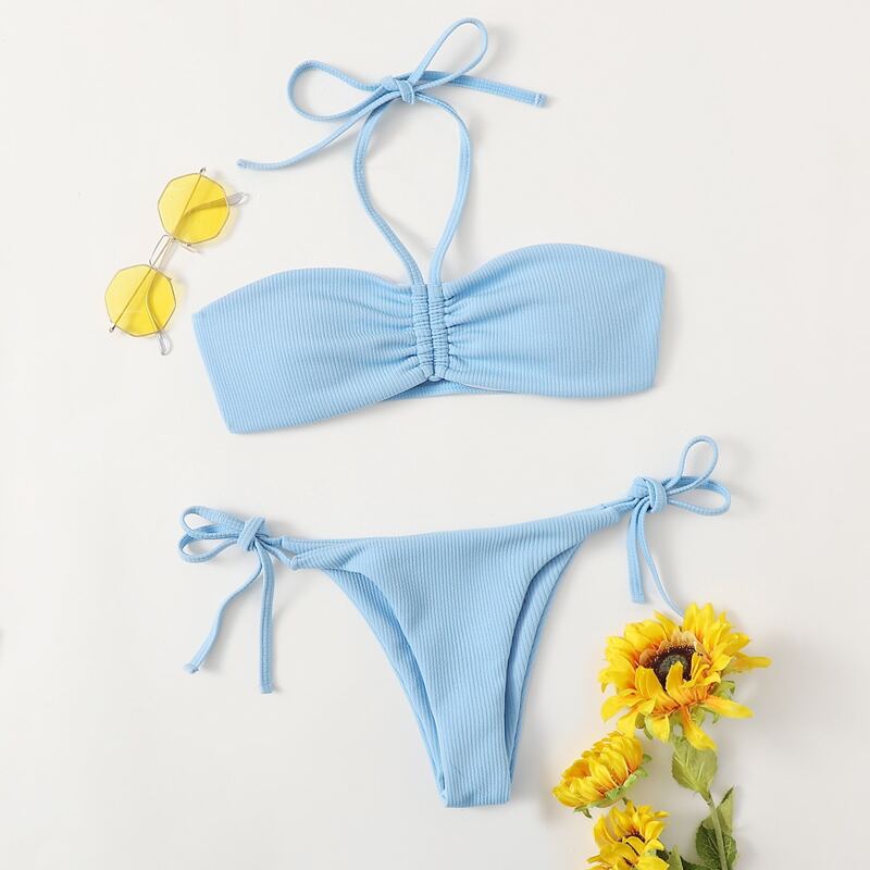 

Drawstring Halter Bikini Swimsuit, Baby blue