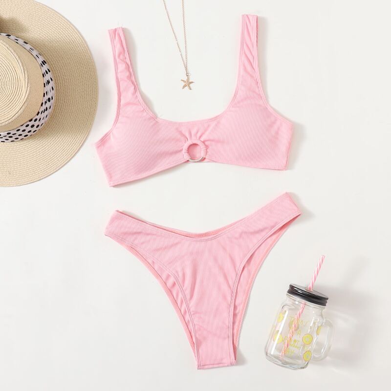

Ribbed Ring Decor Bikini Swimsuit, Baby pink