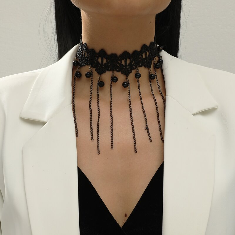 

Chain Charm Lace Choker, Black