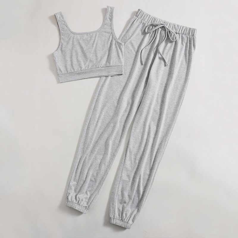 

Solid Crop Tank Top & Drawstring Sweatpants, Light grey