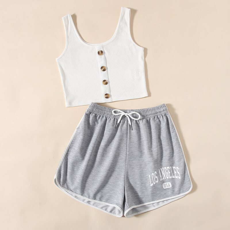 

Button Front Top & Letter Graphic Shorts, Multicolor