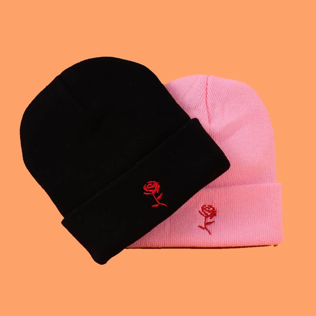 

2pcs Rose Embroidery Beanie, Multicolor