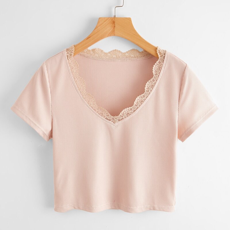 

Contrast Lace Crop Tee, Baby pink