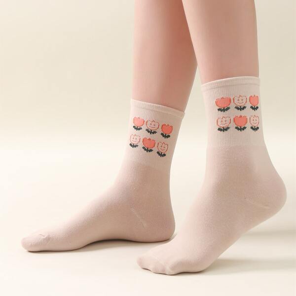 

Flower Print Crew Socks, Beige