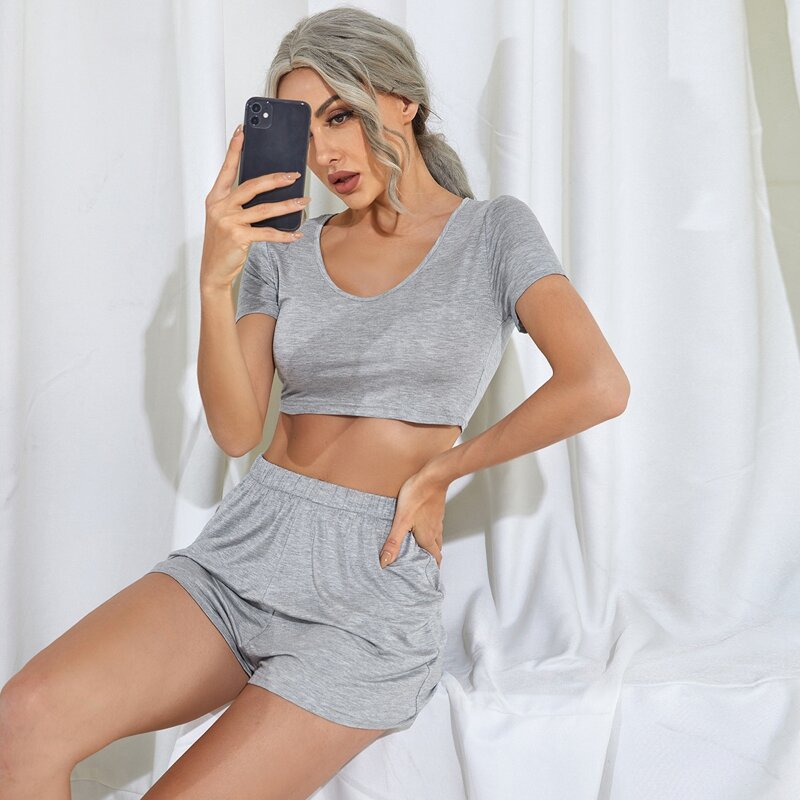 

Solid Crop Tee & Shorts Lounge Set, Grey