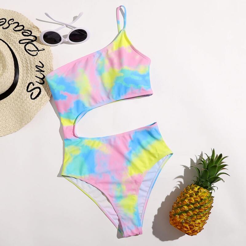 

Tie Dye Cut-out One Piece Swimsuit, Baby blue