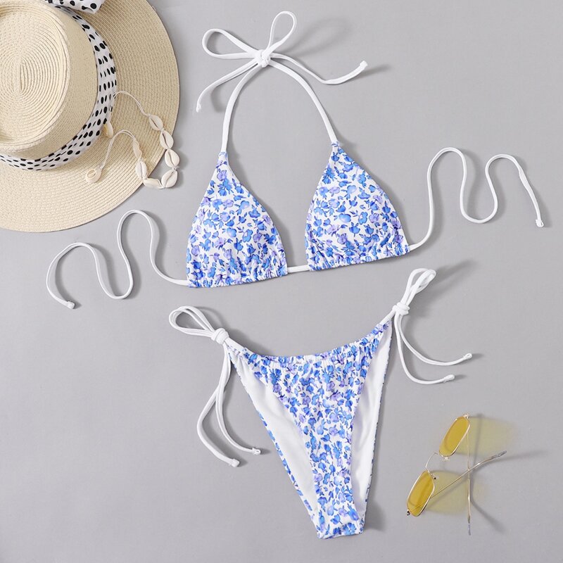 

Floral Tie Side Bikini Swimsuit, Baby blue