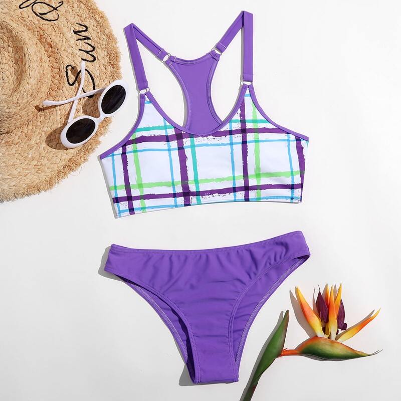 

Plaid Pattern Bikini Swimsuit, Multicolor