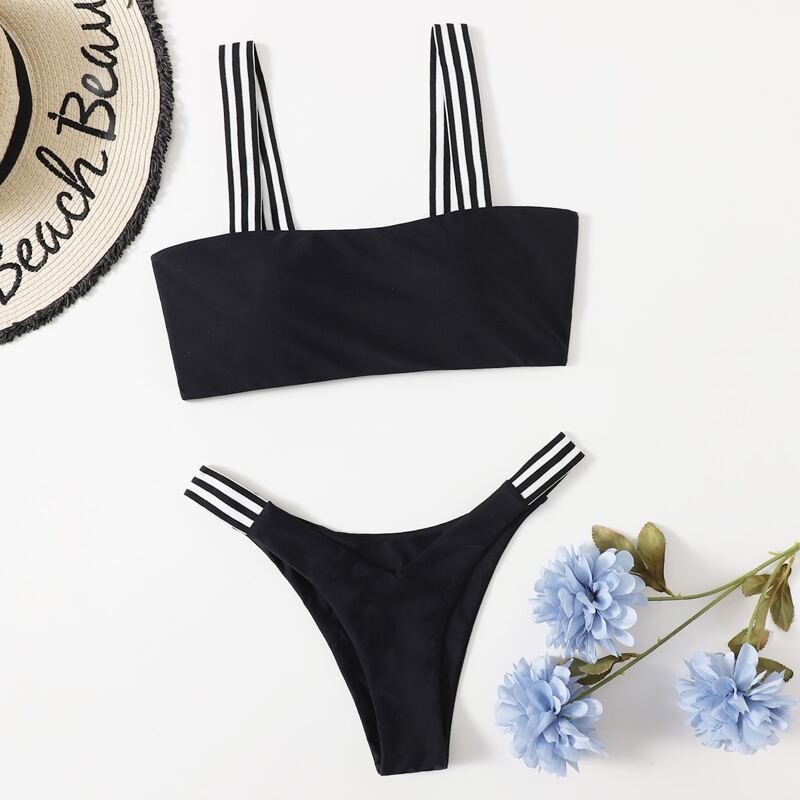 

Stripe Tape High Leg Bikini Swimsuit, Black