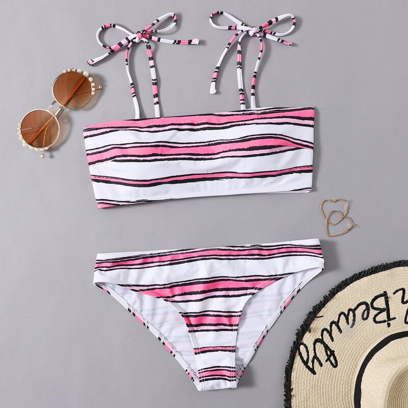 

Stripe Tie Shoulder Bikini Swimsuit, Multicolor