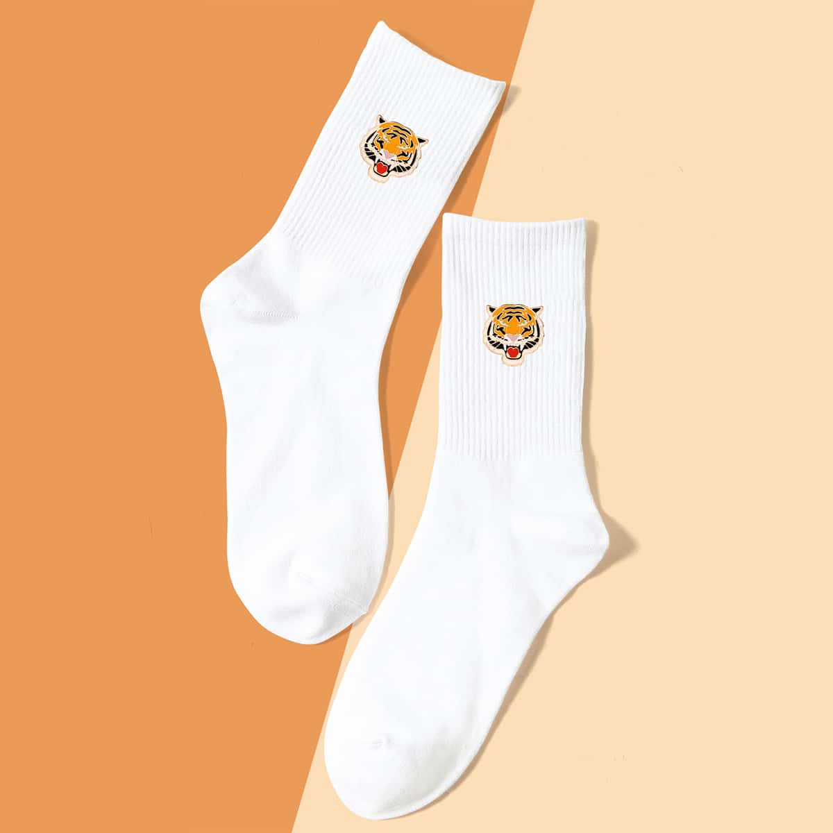 

Cartoon Tiger Graphic Socks, White