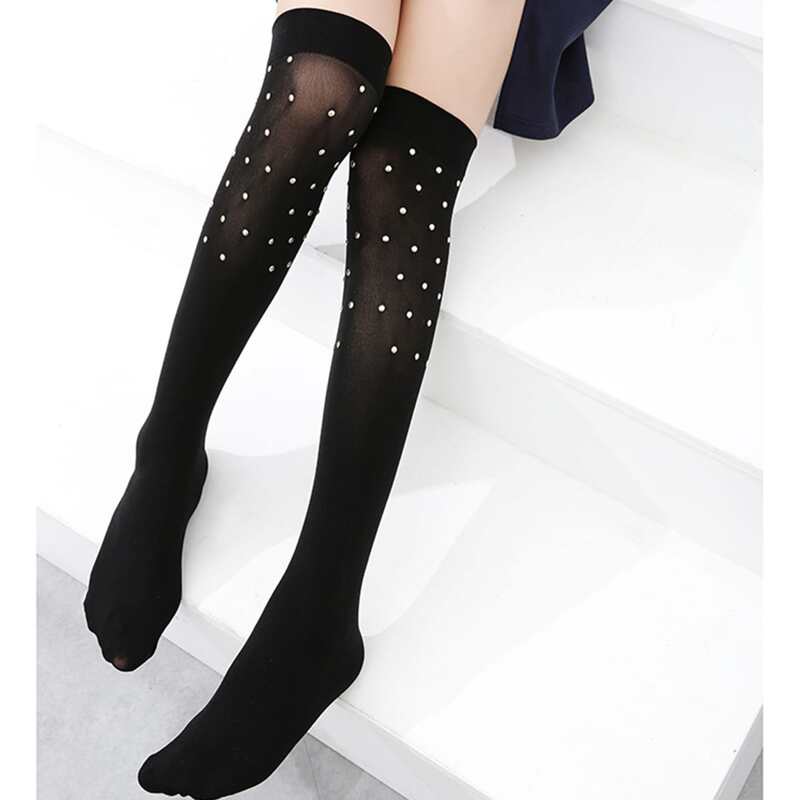 

1pair Rhinestone Over The Knee Socks, Black