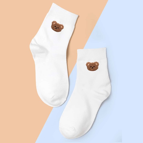 

Cartoon Bear Graphic Socks, White