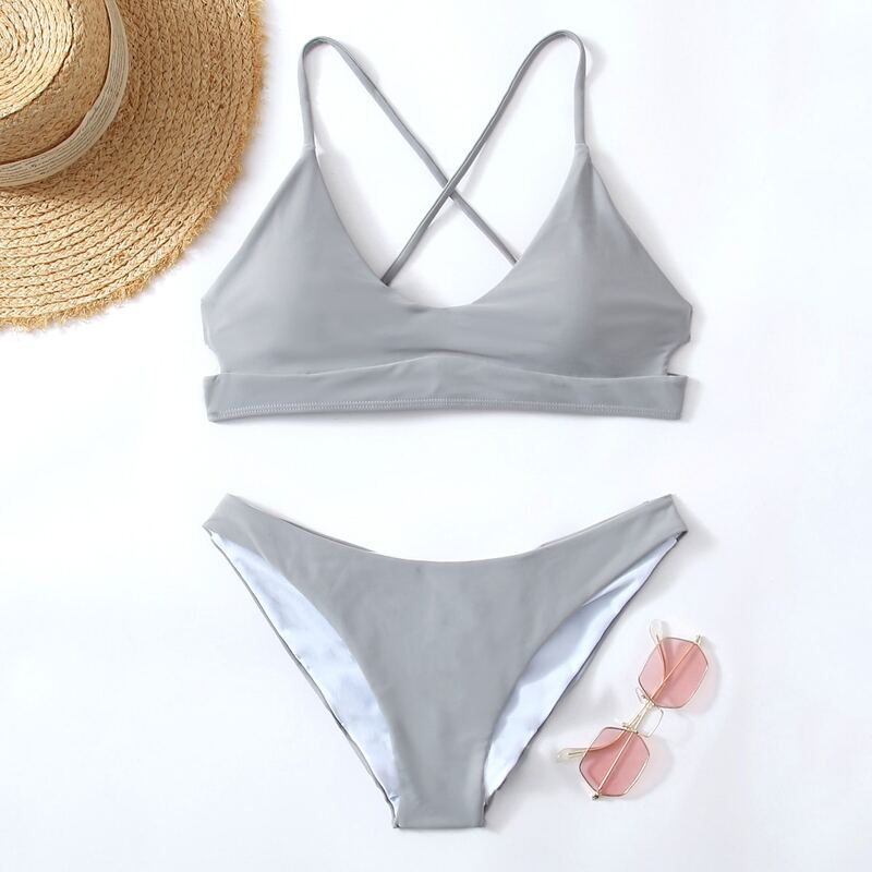 

Solid Lace-up Back Bikini Swimsuit, Grey