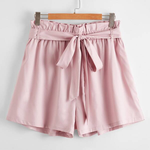 

Plus Solid Belted Paper Bag Waist Shorts, Baby pink