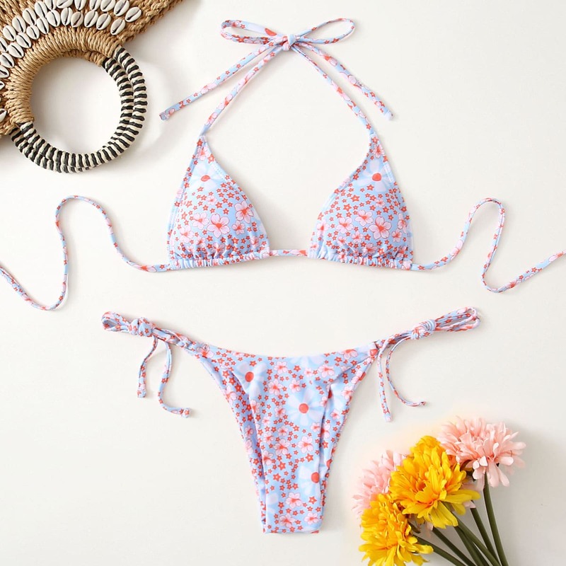 

Floral Triangle Tie Side Bikini Swimsuit, Multicolor