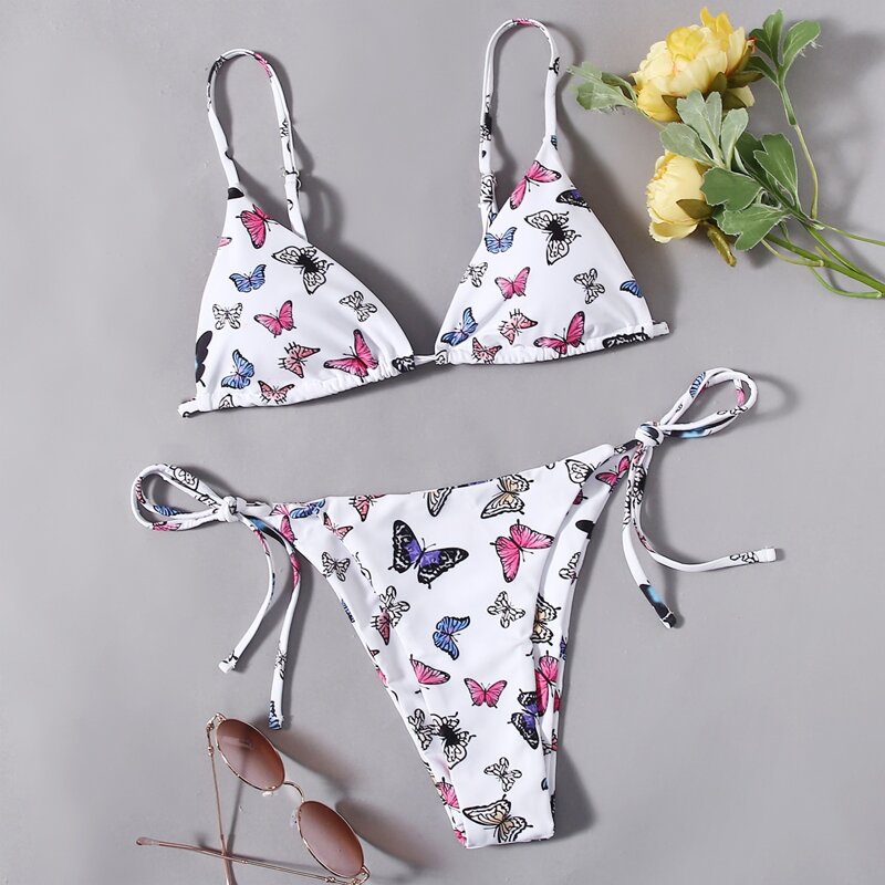 

Butterfly Print Tie Side Bikini Swimsuit, Multicolor