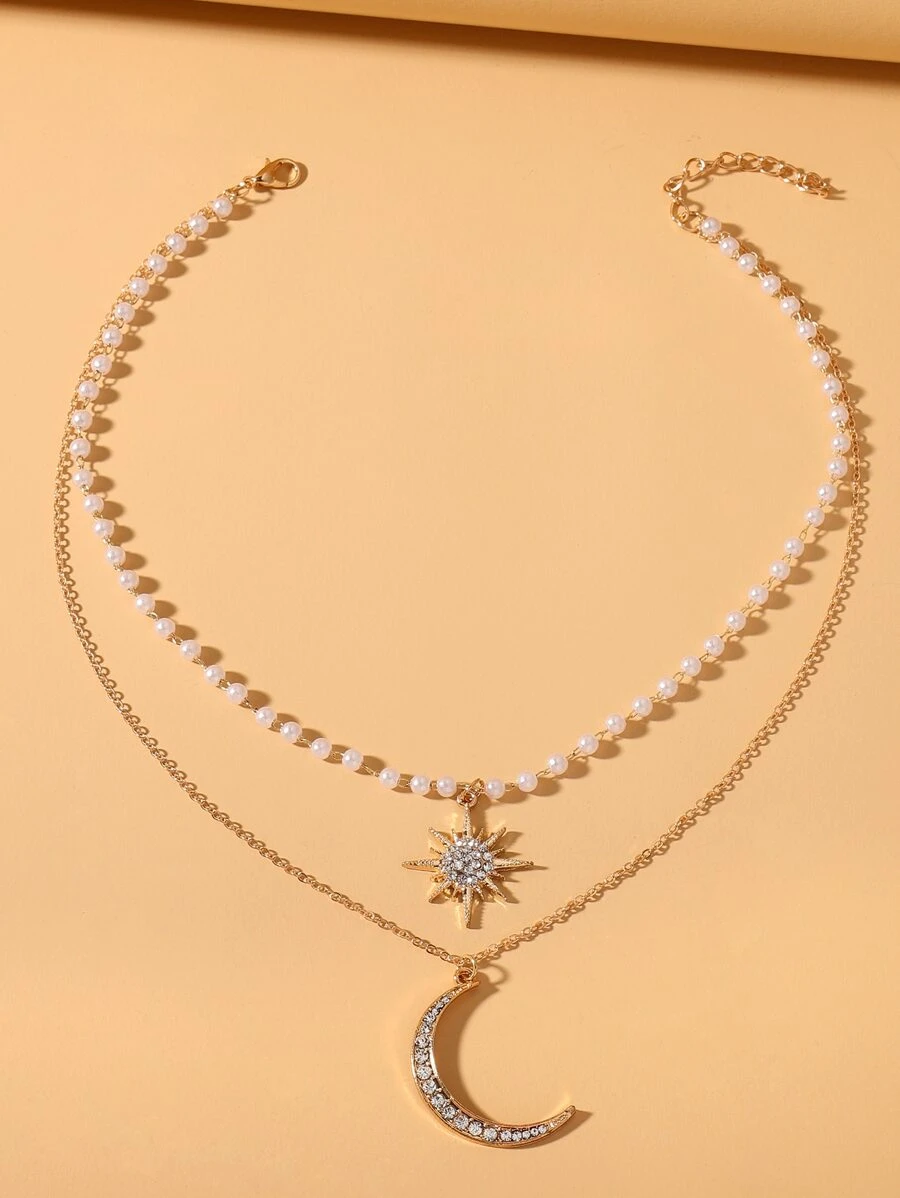 星星和月亮吊墜多層項鍊 - 金黃色 - 查看 1