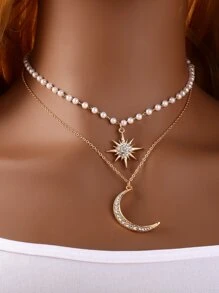 星星和月亮吊墜多層項鍊 - 金黃色 - 查看 2