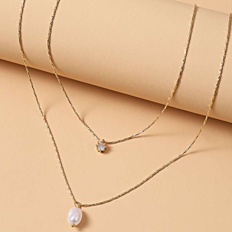 

Faux Pearl Zircon Decor Layered Necklace, Gold