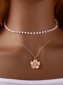 花朵吊墜多層項鍊 - 金黃色 - 查看 2