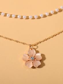 花朵吊墜多層項鍊 - 金黃色 - 查看 3