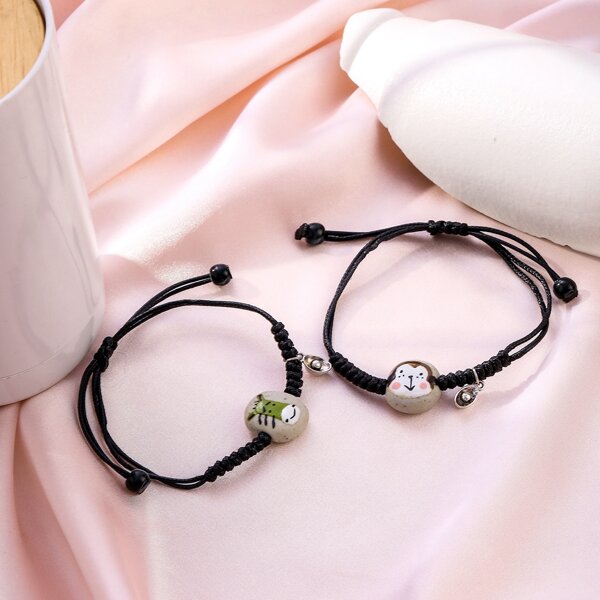 

2pcs Animal Print Stone Decor Bracelet, Multicolor