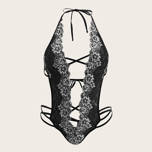 

Plus Floral Lace Cut-out Teddy Bodysuit, Black and white