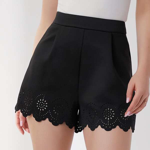 

Laser Cutout Scallop Edge Shorts, Black
