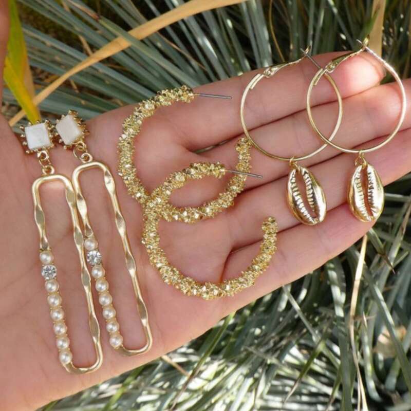 

3pairs Shell Charm Earring Set, Gold