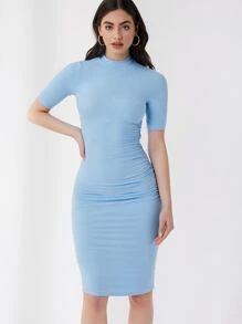 SHEIN X Naz 小高領素色包臀連衣裙 - 淺藍色 - 查看 2