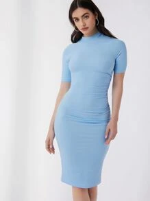 SHEIN X Naz 小高領素色包臀連衣裙 - 淺藍色 - 查看 5