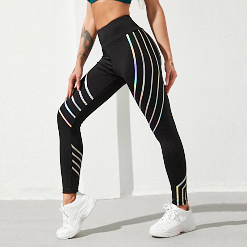 

Striped Print Wide Band Waist Sports Leggings, Black