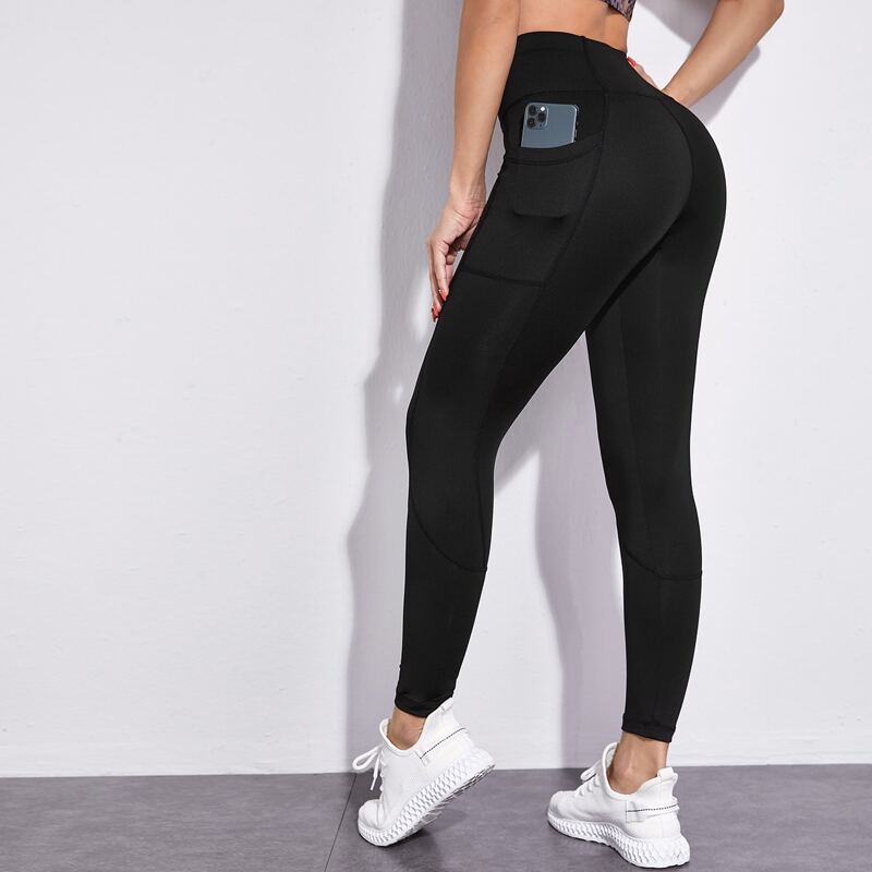 

Wide Band Waist Sports Leggings With Phone Pocket, Black