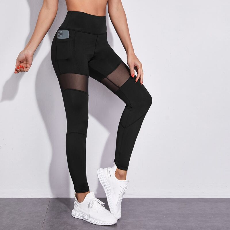 

Mesh Panel Sports Leggings & Phone Pocket, Black