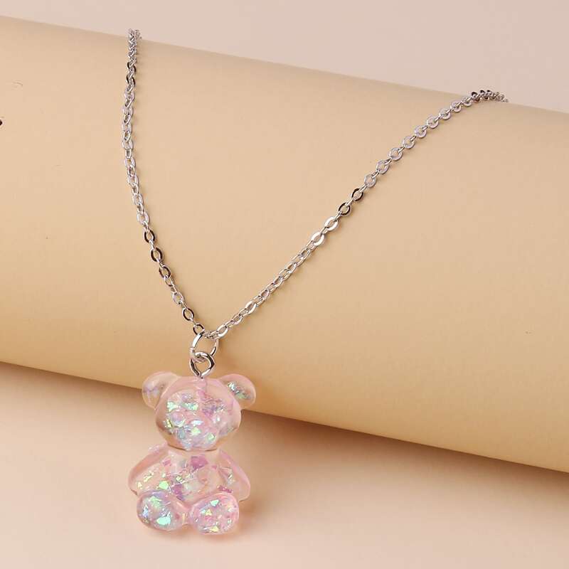 

Glitter Bear Pendant Necklace, Pink
