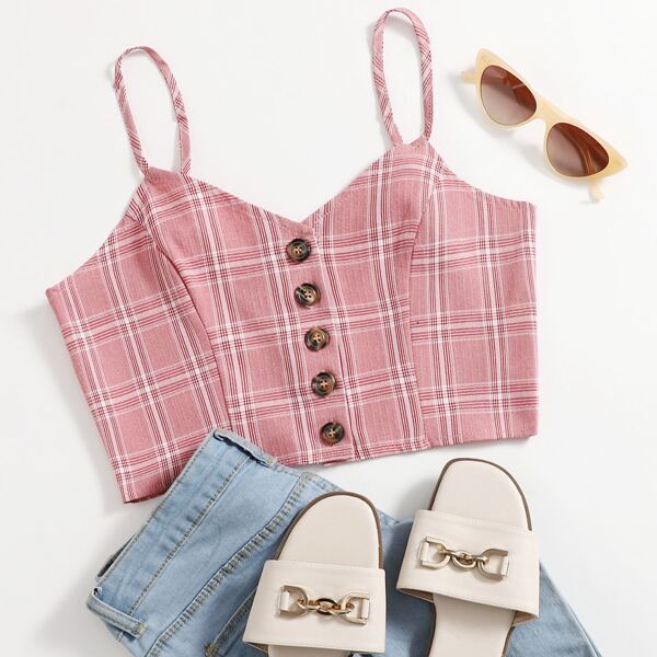 

Button Front Tartan Cami Crop Top, Pink
