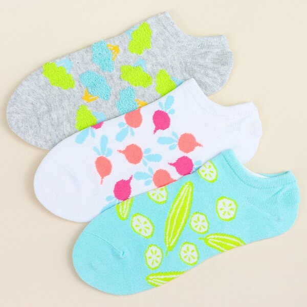 

3pairs Vegetable Print Ankle Socks, Multicolor