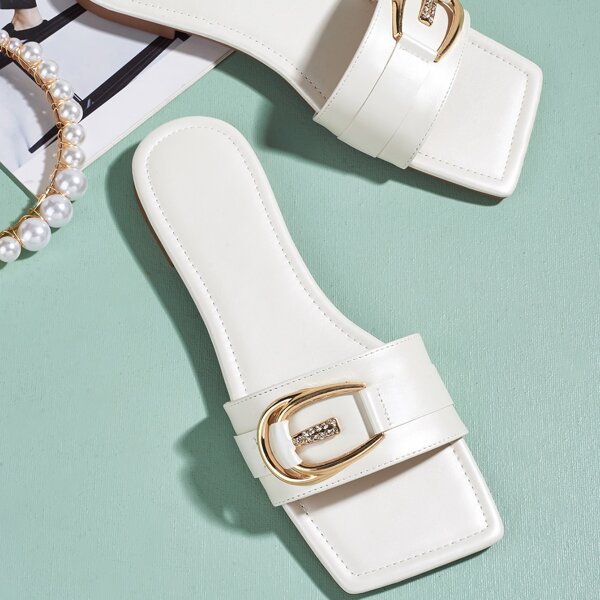 

Metal Decor Slide Sandals, White
