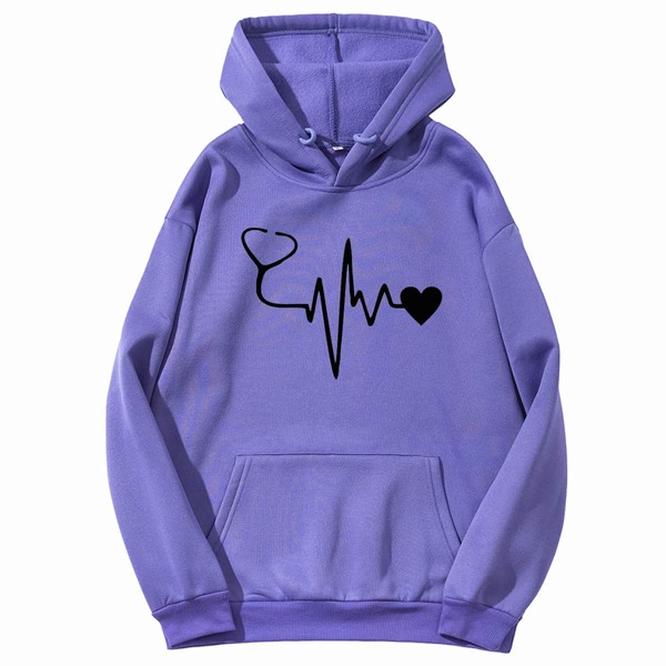 

ECG Print Kangaroo Pocket Drawstring Thermal Lined Hoodie, Violet purple