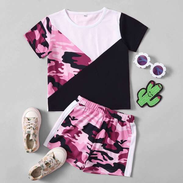 

Toddler Girls Camo Spliced Tee With Track Shorts, Multicolor