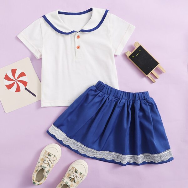 

Toddler Girls Sailor Collar Tee & Lace Trimed Skirt, Blue and white