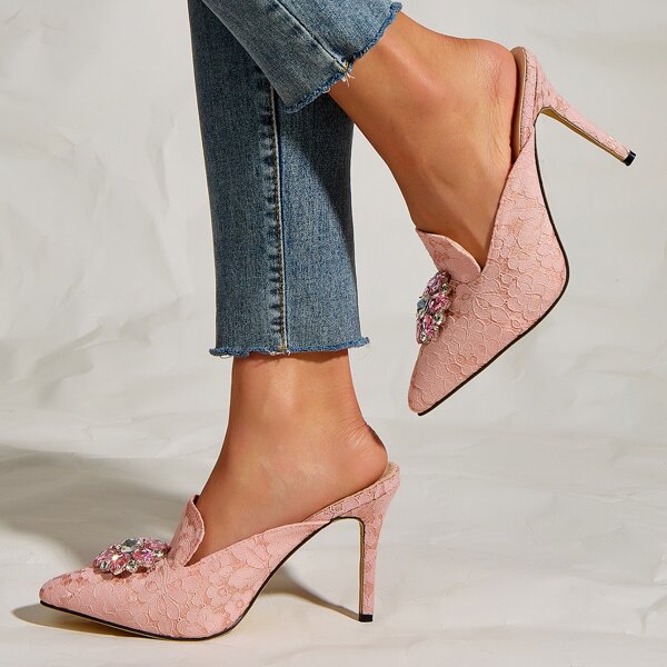 

Rhinestone Decor Stiletto Heeled Mules, Pink