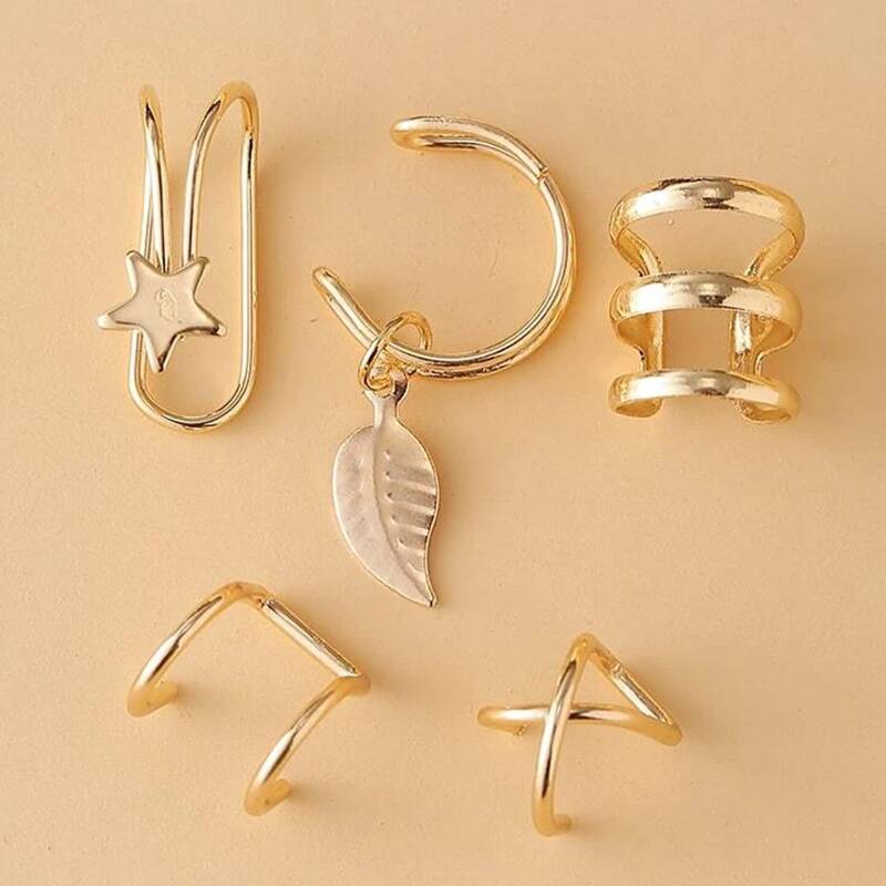 

5pcs Leaf & Star Decor Ear Cuff, Gold