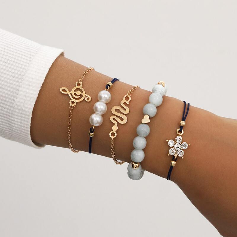 

5pcs Rhinestone & Faux Pearl Decor Bracelet, Multicolor