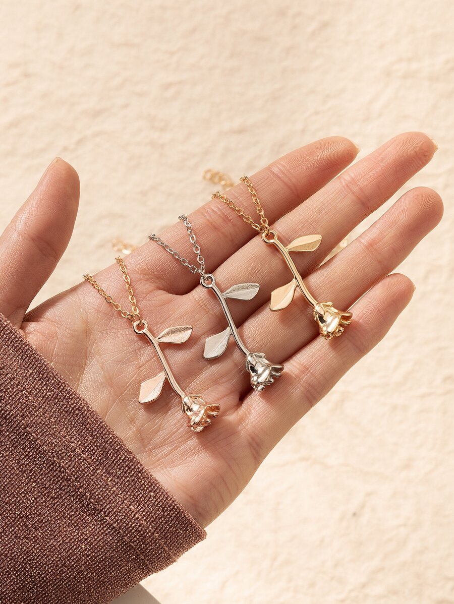 3pcs Rose Charm Necklace - Multicolor - View 1