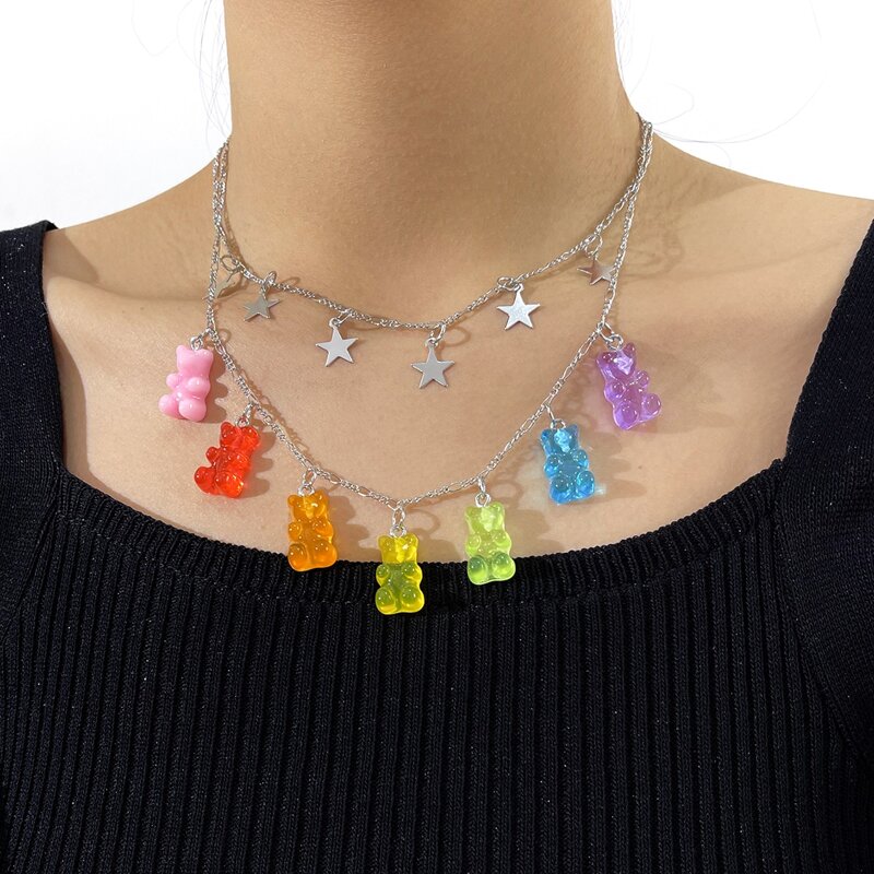 

Star & Colorful Bear Layered Necklace, Multicolor